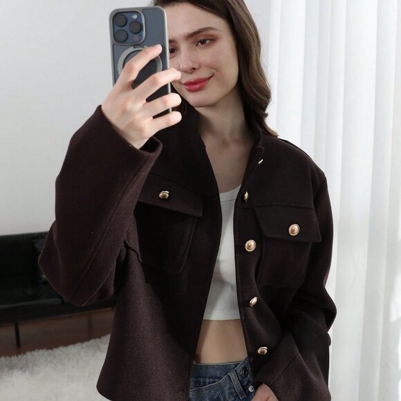 Brown Casual Women's Pockets detailed  Single button Jacket - Picture 6 of 11